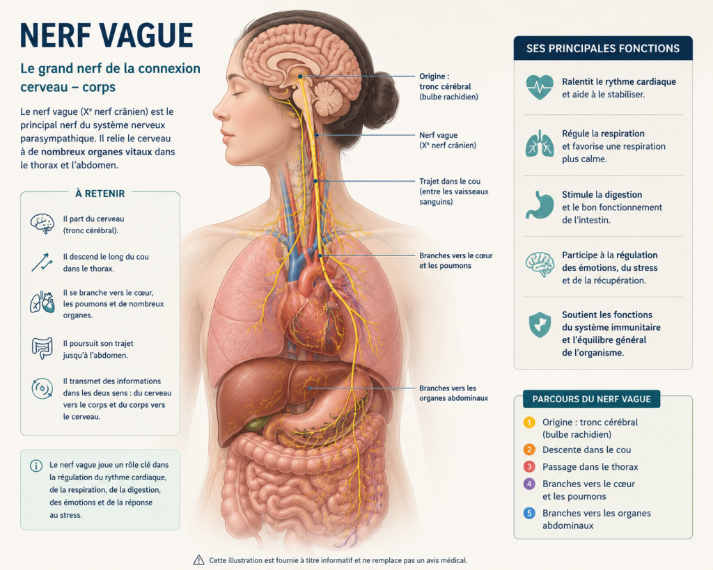 Infographie du nerf vague montrant son origine dans le tronc c&eacute;r&eacute;bral et son trajet vers le c&oelig;ur, les poumons et le syst&egrave;me digestif, avec ses principales fonctions dans la r&eacute;gulation du stress, des &eacute;motions et du syst&egrave;me nerveux"